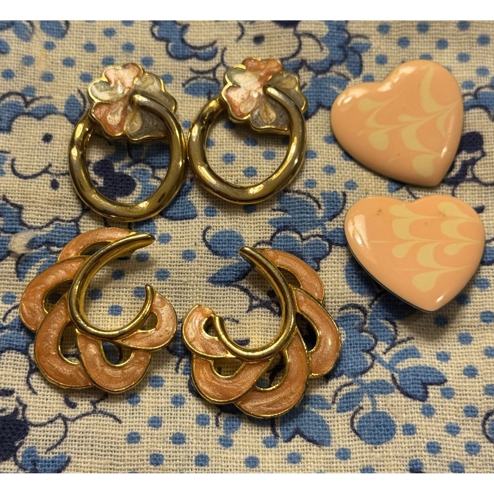 Vintage Pink Enamel Earring Bundle Heart Floral  Gold Tone 3 Pairs